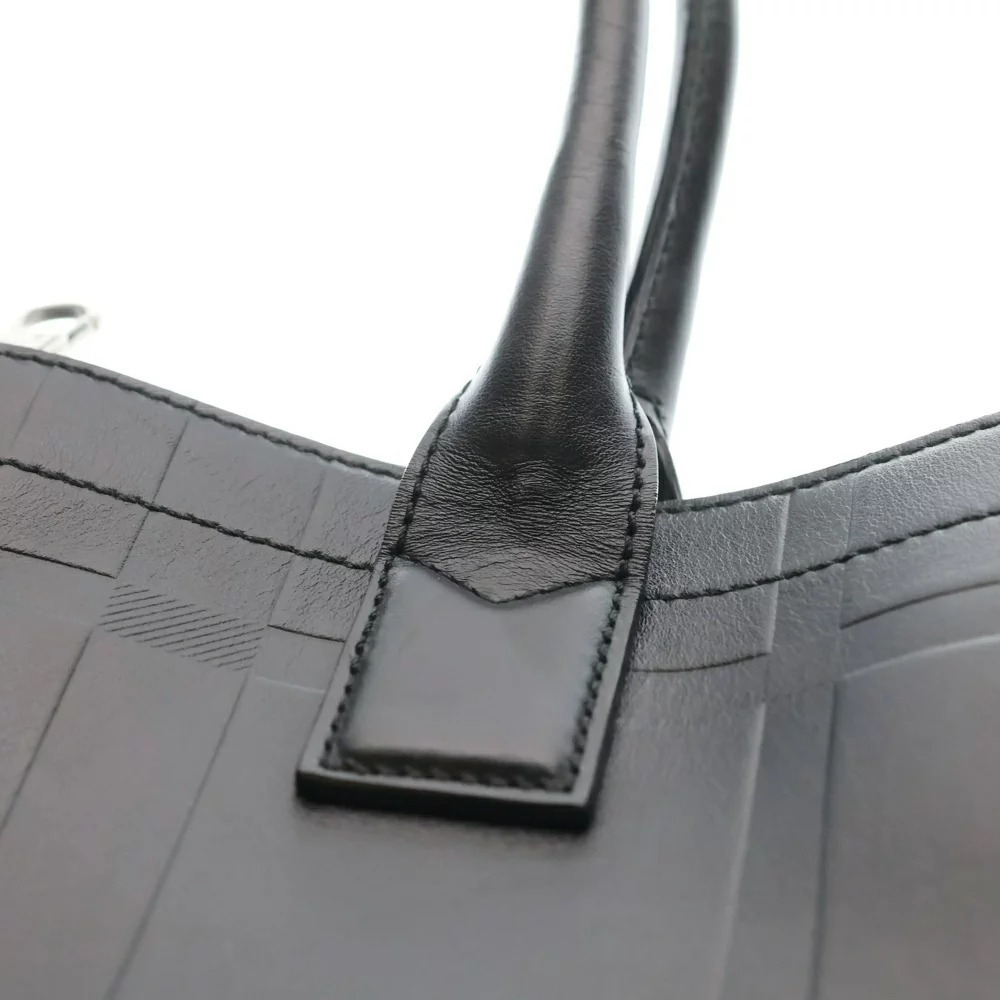 BURBERRY Check Embossed Leather Tote Bag Black - Picture 5 of 6
